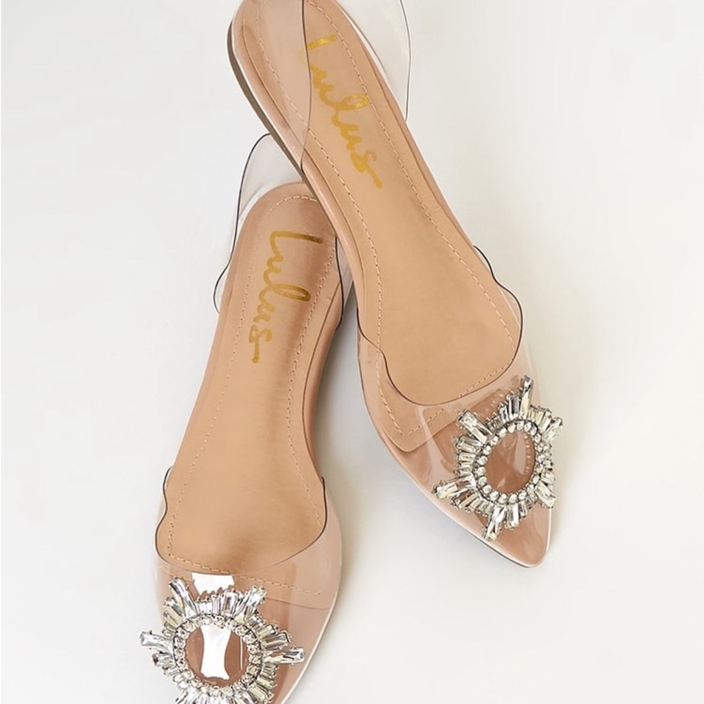 Clear flats with nude bottom and crystal brooch on toe